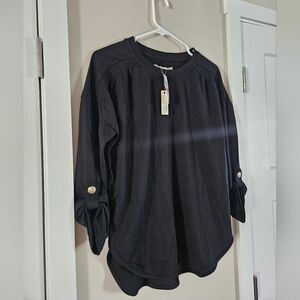 Cupio small black long sweater gold button sleeve loose comfy office event wear